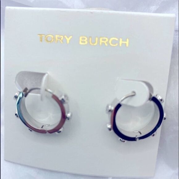 NewTory Burch Silver Small Raised Logo Hoop Earings - Picture 1 of 8
